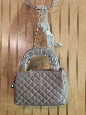 bebe Quilted Taupe Satchel with Gold Chain